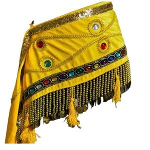 Belly Dance Vibrant Yellow Skirt with Gems and Gold  Shimmery Belt